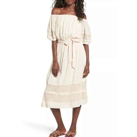 TULAROSA Sz XS MARTY OFF THE SHOULDER BLOUSON BOHO MIDI DRESS CREAM - Picture 1 of 8